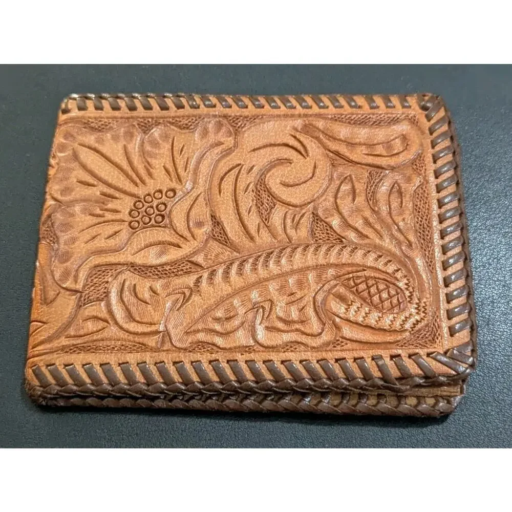 Vintage Handmade Tooled Brown Leather Wallet Western Floral Billfold Mens